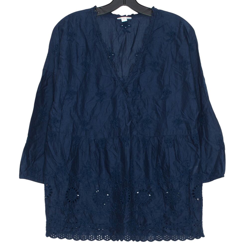 J Jill Floral Eyelet Tunic Top Navy Blue S Embroidered Peasant Cottagecore Flowy